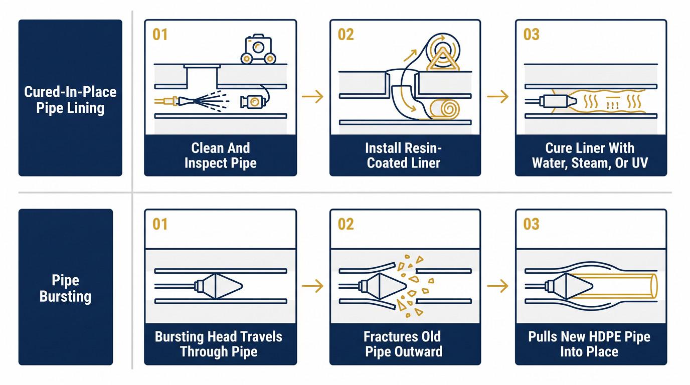 Swimlane diagram showing the three-step process for CIPP lining and pipe bursting.