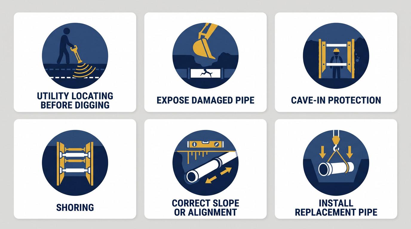 Icon grid outlining six steps and safety measures involved in traditional sewer excavation.