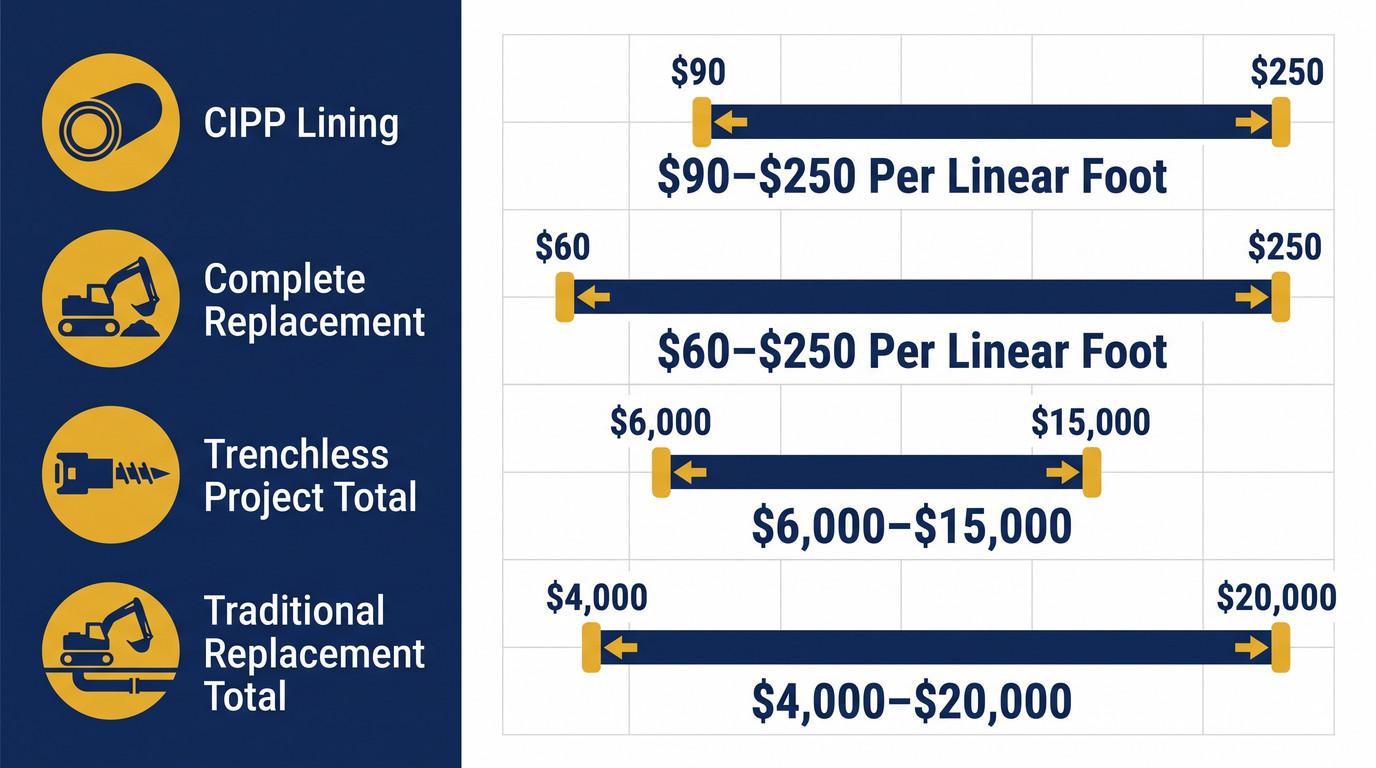Bar chart comparing per-foot and total cost ranges for trenchless repair and traditional excavation.